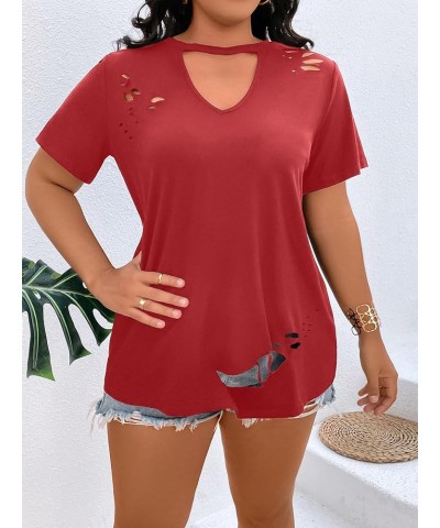 Womens Plus Size Tops Summer Casual Cut Out V Neck Short Sleeve Tunic T Shirts Distressed Tees Pure Red $9.60 T-Shirts