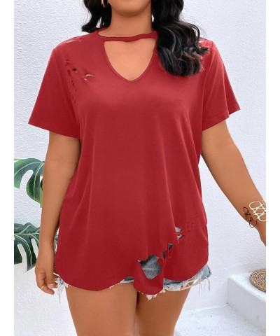 Womens Plus Size Tops Summer Casual Cut Out V Neck Short Sleeve Tunic T Shirts Distressed Tees Pure Red $9.60 T-Shirts