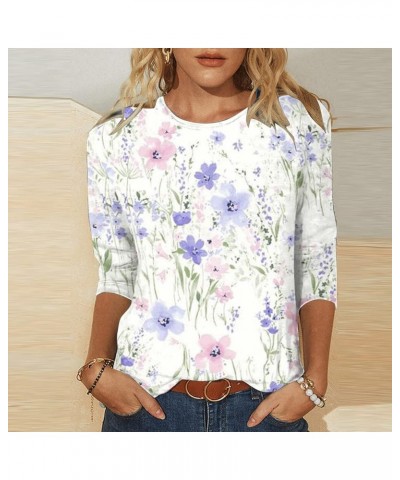 Womens 3/4 Sleeve T Shirts Crew Neck Floral Printed Summer Tops 3/4 Length Sleeve Dressy Casual T-Shirt Graphic Tees 05 White...