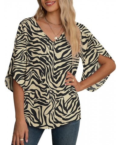 Women's Fall Casual 3/4 Ruffled Sleeve Chiffon Blouse Tops for Women Black Coffee Stripe $15.80 Blouses