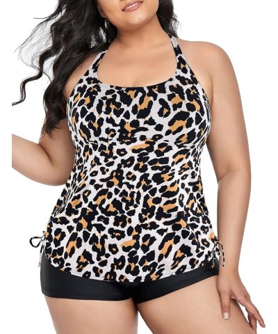 Plus Size Two Piece Tankini Swimsuit for Women Athletic Bathing Suits High Neck Tankini Top with Shorts Leopard Black/2 $19.7...