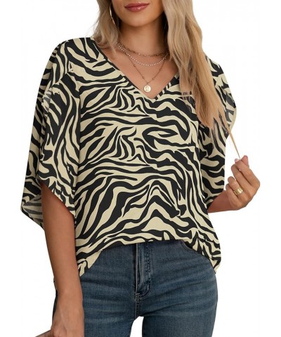 Women's Fall Casual 3/4 Ruffled Sleeve Chiffon Blouse Tops for Women Black Coffee Stripe $15.80 Blouses