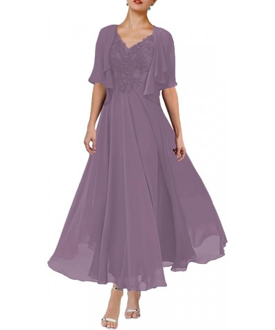 A-Line Mother of The Bride Dress Formal V Neck Tea Length Wedding Guest Dresses with Pleats Appliques 2023 JS052 Wisteria $60...