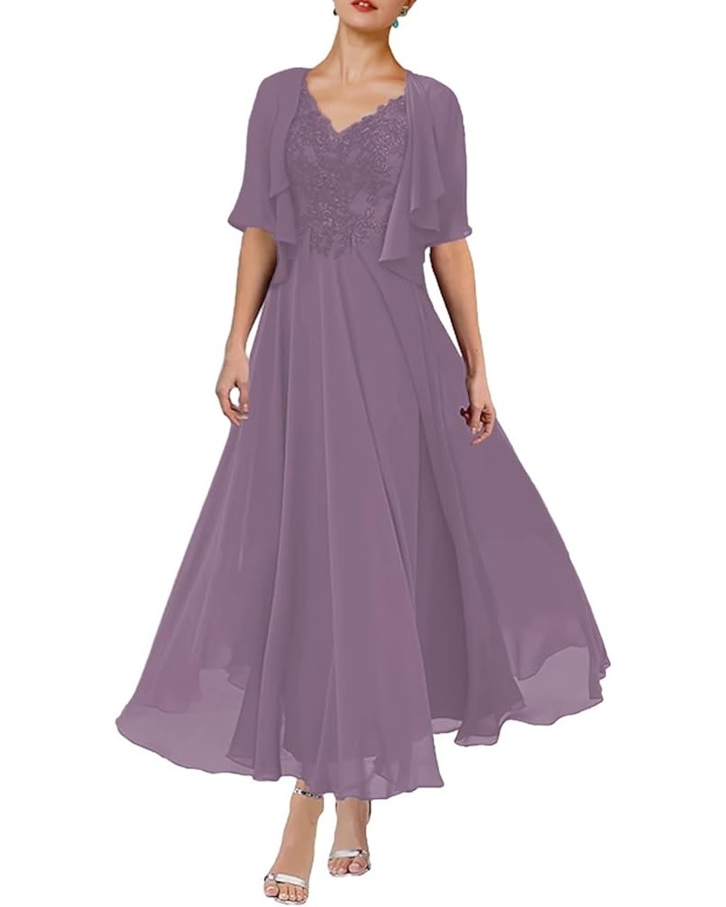 A-Line Mother of The Bride Dress Formal V Neck Tea Length Wedding Guest Dresses with Pleats Appliques 2023 JS052 Wisteria $60...