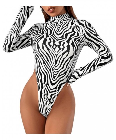 Women's Long Sleeve Mock Neck Tee Top Zebra Striped Slim Fit High Cut Bodysuit Black and White $14.03 Bodysuits