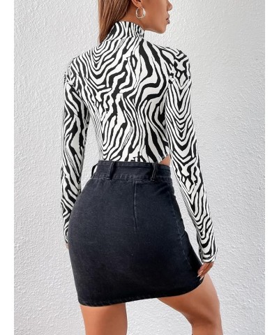 Women's Long Sleeve Mock Neck Tee Top Zebra Striped Slim Fit High Cut Bodysuit Black and White $14.03 Bodysuits