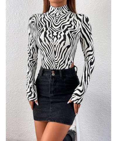 Women's Long Sleeve Mock Neck Tee Top Zebra Striped Slim Fit High Cut Bodysuit Black and White $14.03 Bodysuits