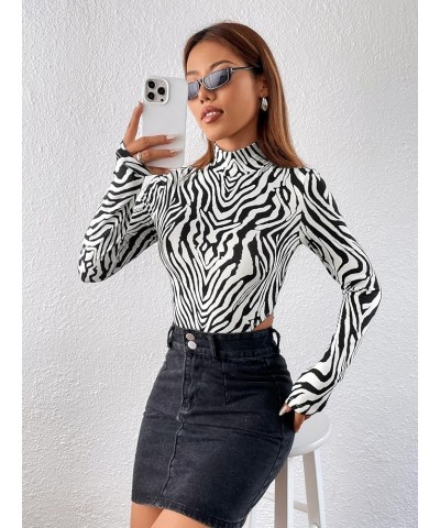 Women's Long Sleeve Mock Neck Tee Top Zebra Striped Slim Fit High Cut Bodysuit Black and White $14.03 Bodysuits