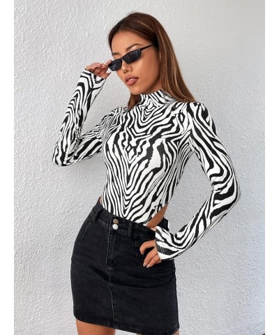 Women's Long Sleeve Mock Neck Tee Top Zebra Striped Slim Fit High Cut Bodysuit Black and White $14.03 Bodysuits