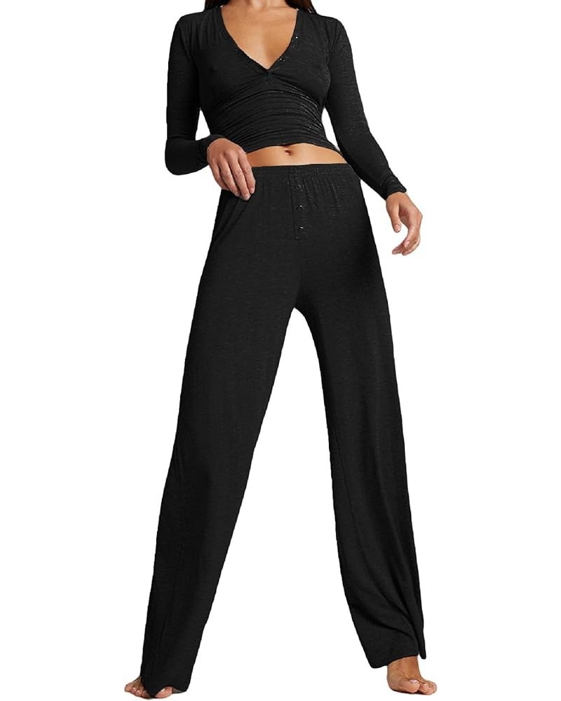 Women 2 Piece Set Sweatsuit Long Sleeve Skinny Crop Top Low Waist Flare Leg Pants Casual Workout Outfit Tracksuit L-black Six...