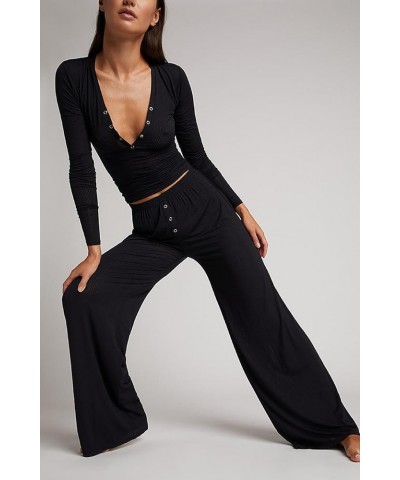 Women 2 Piece Set Sweatsuit Long Sleeve Skinny Crop Top Low Waist Flare Leg Pants Casual Workout Outfit Tracksuit L-black Six...