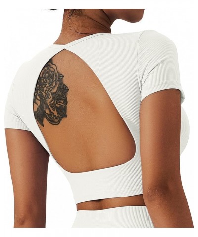 Womens Crop Tops Open Back Workout Cropped Tops Ribbed Seamless Sexy Backless Gym Athletic T Shirts Built in Bra White $16.81...