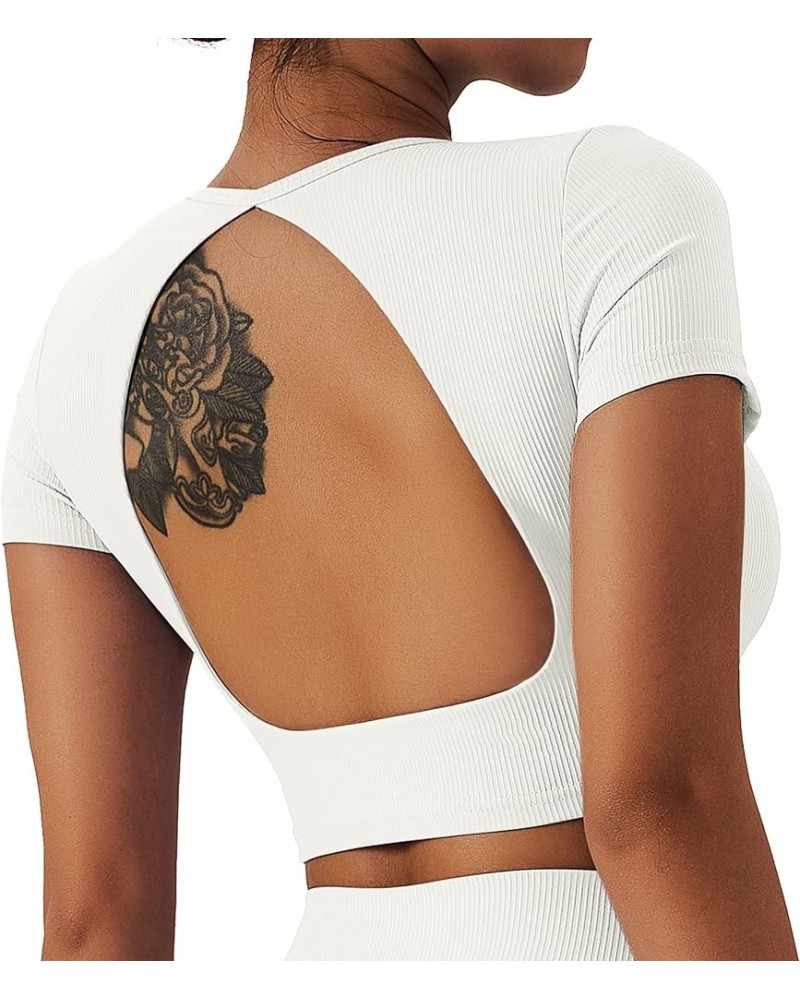 Womens Crop Tops Open Back Workout Cropped Tops Ribbed Seamless Sexy Backless Gym Athletic T Shirts Built in Bra White $16.81...