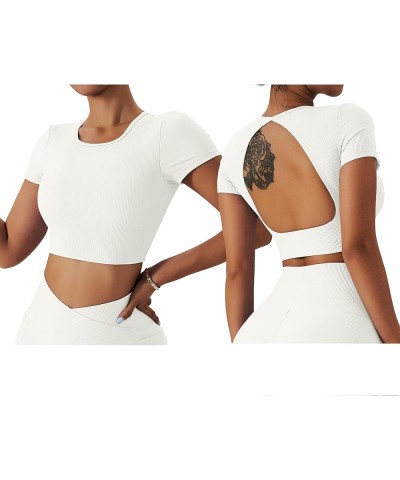 Womens Crop Tops Open Back Workout Cropped Tops Ribbed Seamless Sexy Backless Gym Athletic T Shirts Built in Bra White $16.81...