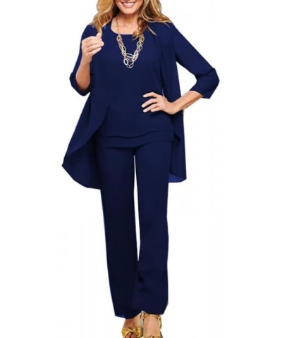 Women's Mother of The Bride Pant Suits 3 Pieces Chiffon Jumsuits Formal Dresses for Wedding Guest Groom with Jacket Navy Blue...