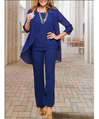 Women's Mother of The Bride Pant Suits 3 Pieces Chiffon Jumsuits Formal Dresses for Wedding Guest Groom with Jacket Navy Blue...