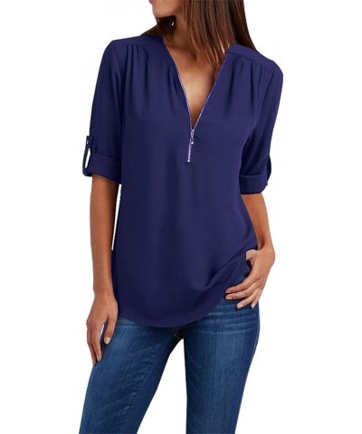 Women V Neck 3/4 Roll Sleeve High Low Hem Top Zipper Closure Chiffon Blouse Navy Blue $13.56 Blouses