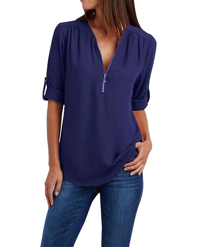 Women V Neck 3/4 Roll Sleeve High Low Hem Top Zipper Closure Chiffon Blouse Navy Blue $13.56 Blouses