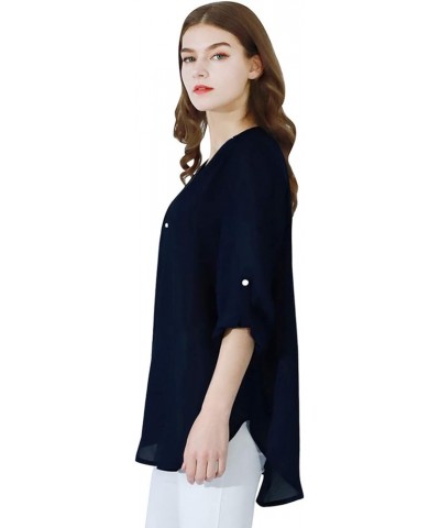 Women V Neck 3/4 Roll Sleeve High Low Hem Top Zipper Closure Chiffon Blouse Navy Blue $13.56 Blouses