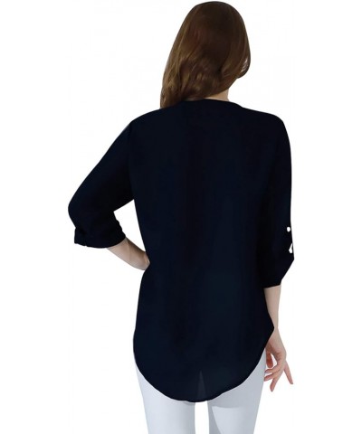 Women V Neck 3/4 Roll Sleeve High Low Hem Top Zipper Closure Chiffon Blouse Navy Blue $13.56 Blouses