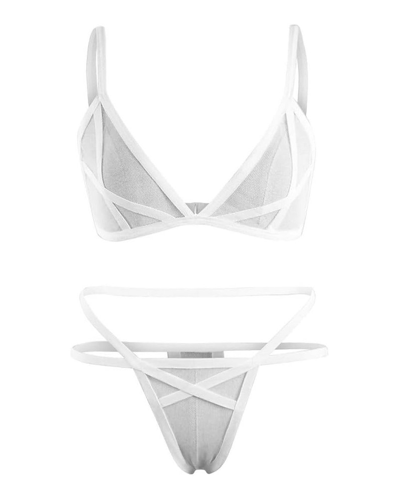 Two Piece Sexy Lingerie Set For Women Mesh Sheer See Through Strappy Bralette Backless High Waist Soild Bra And Panty Set Whi...