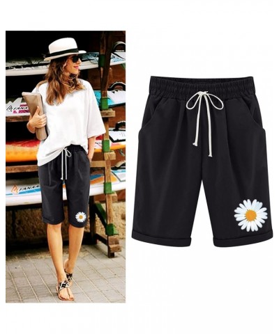 Shorts for Women Trendy Knee-Length Bermuda Shorts Summer Casual Cotton Walking Shorts with Elastic Waist Drawstring Z3-black...