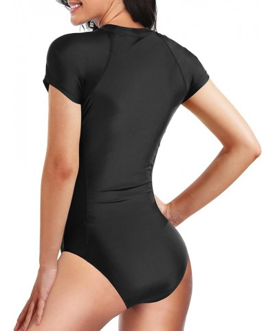 Women's One Piece Short Sleeve Rash Guard Surfing Modest Swimsuit Zipper Front Bathing Suit with Built in Bra Black $13.02 Sw...