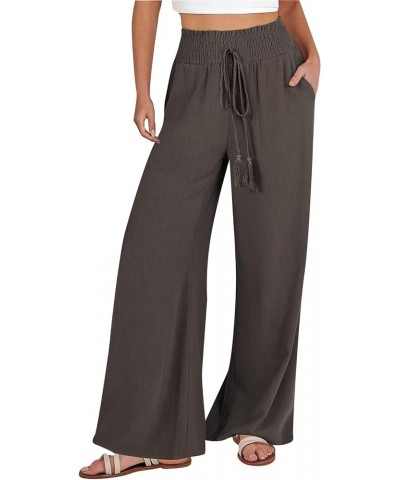 Linen Pants Women Summer Drawstring High Waist Wide Leg Long Pants Loose Casual Straight Leg Trousers with Pockets Z2-brown $...