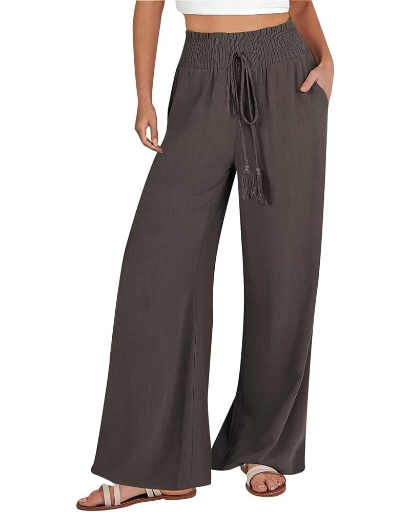 Linen Pants Women Summer Drawstring High Waist Wide Leg Long Pants Loose Casual Straight Leg Trousers with Pockets Z2-brown $...