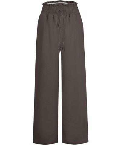 Linen Pants Women Summer Drawstring High Waist Wide Leg Long Pants Loose Casual Straight Leg Trousers with Pockets Z2-brown $...