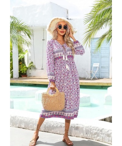 Women's Long Sleeve Floral Print Retro V Neck Tassel Bohemian Midi Dresses Pinkpurple $16.38 Dresses