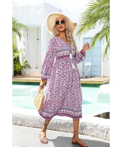 Women's Long Sleeve Floral Print Retro V Neck Tassel Bohemian Midi Dresses Pinkpurple $16.38 Dresses