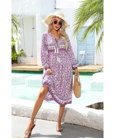 Women's Long Sleeve Floral Print Retro V Neck Tassel Bohemian Midi Dresses Pinkpurple $16.38 Dresses