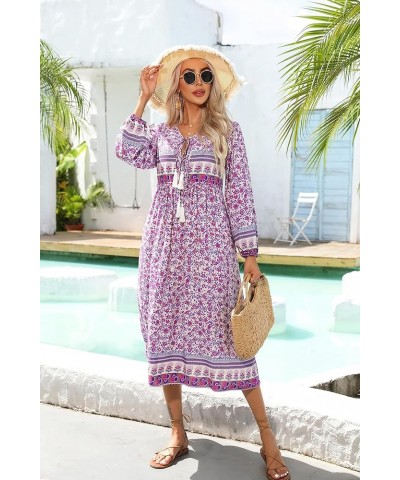 Women's Long Sleeve Floral Print Retro V Neck Tassel Bohemian Midi Dresses Pinkpurple $16.38 Dresses