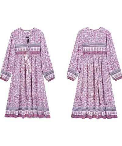 Women's Long Sleeve Floral Print Retro V Neck Tassel Bohemian Midi Dresses Pinkpurple $16.38 Dresses