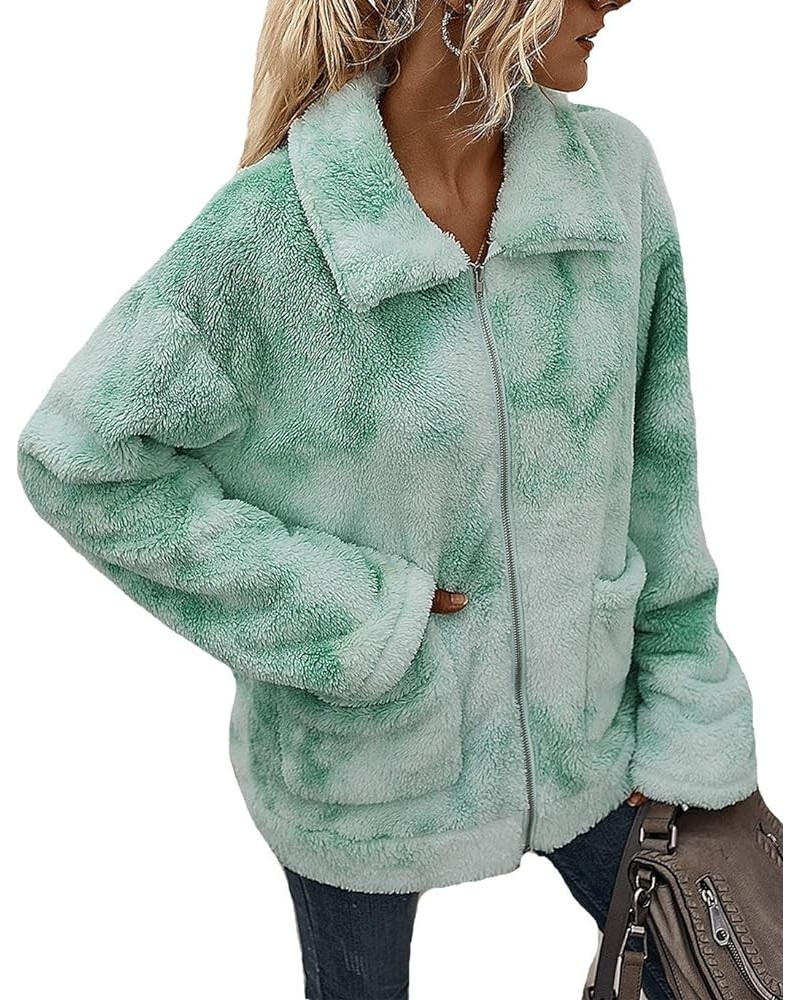 Womens Fluffy Fleece Sherpa Sweatshirt Zip Up Tie Dye Fuzzy Coat Outwear Green $18.99 Jackets