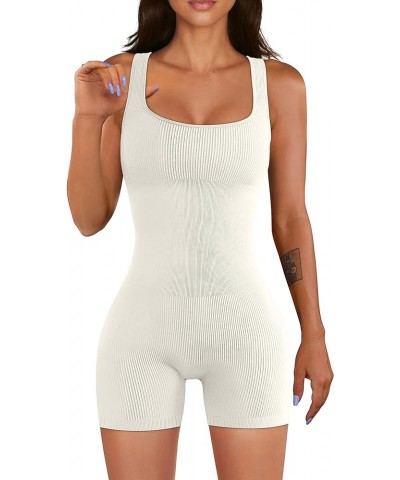 Women Yoga Rompers Workout Ribbed Square Neck Sleeveless Sport Romper Beige $14.74 Rompers