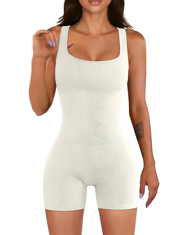 Women Yoga Rompers Workout Ribbed Square Neck Sleeveless Sport Romper Beige $14.74 Rompers