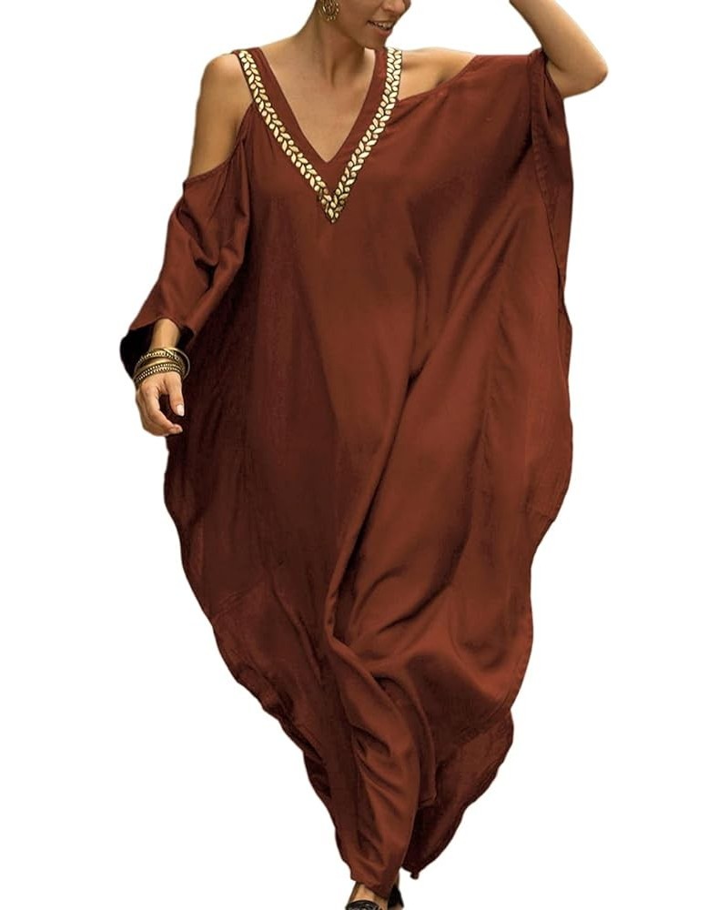 Turkish Cold Shoulder Kaftan Dresses Swimsuit Cover Up Maxi Dress C-red $16.32 Swimsuits