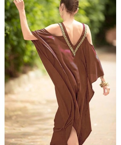 Turkish Cold Shoulder Kaftan Dresses Swimsuit Cover Up Maxi Dress C-red $16.32 Swimsuits