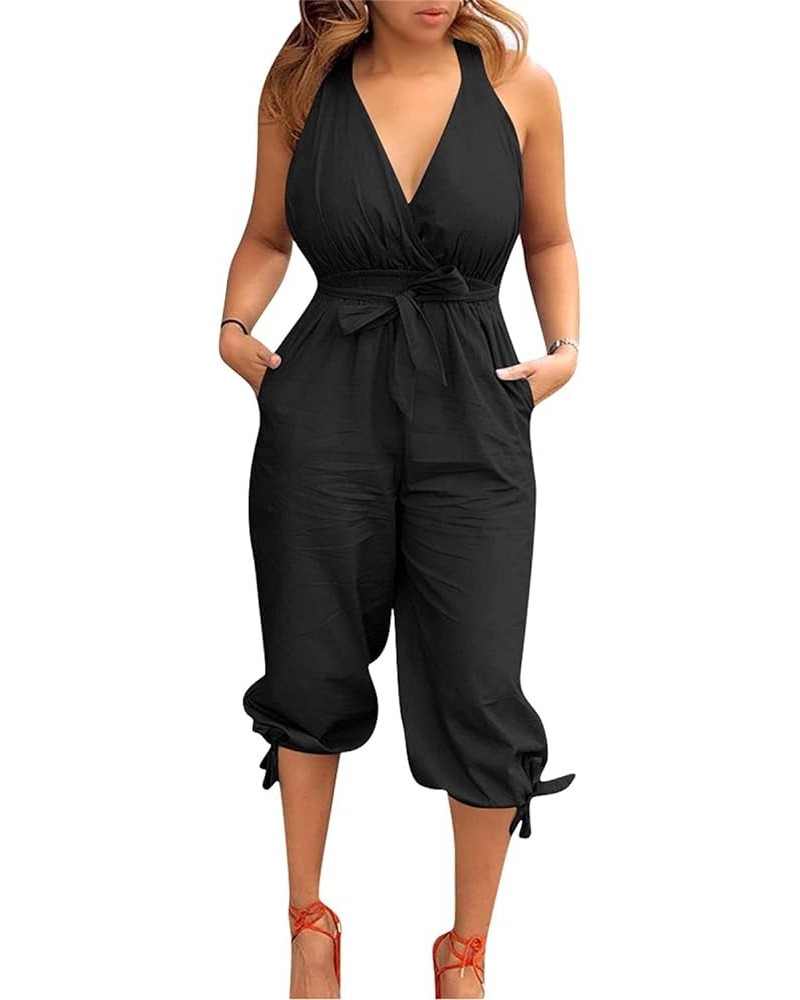 Women's V-Neck Sleeveless Jumpsuits Casual Belt Waist One Piece Long Rompers High Rise Summer Playsuits Plus Size Black $7.68...