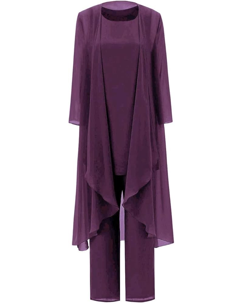 Mother of The Bride Pant Suits 3 Piece Chiffon Outfit Grandmother of The Groom Pantsuits Formal Wedding Guest Dresses Plum $2...