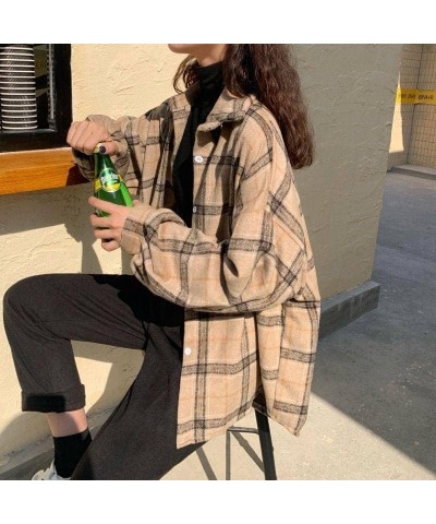 Harajuku Shirts Women's Cardigan Retro Spring and Autumn Women's Plaid Shirts Loose Korean Fashion Tops Yellow $11.00 Blouses