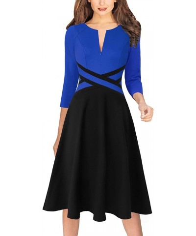 Womens Elegant Front Zipper Slim Work Business Office Party Cocktail A-Line Dress Royal Blue + Black (3/4 Sleeve) $33.62 Dresses