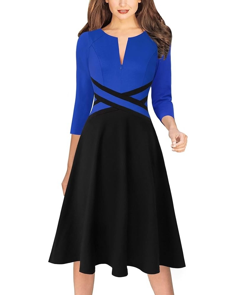 Womens Elegant Front Zipper Slim Work Business Office Party Cocktail A-Line Dress Royal Blue + Black (3/4 Sleeve) $33.62 Dresses