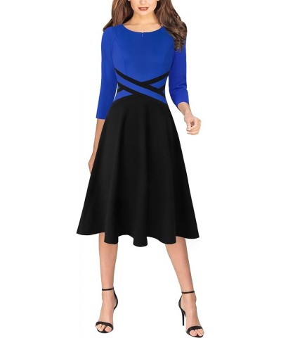 Womens Elegant Front Zipper Slim Work Business Office Party Cocktail A-Line Dress Royal Blue + Black (3/4 Sleeve) $33.62 Dresses