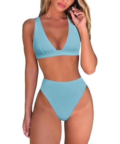 Womens High Waisted Thong Bikini Sets Sexy Brazilian Triangle Top Deep V Neck Two Piece Swimsuit Bathing Suits Light Blue $13...