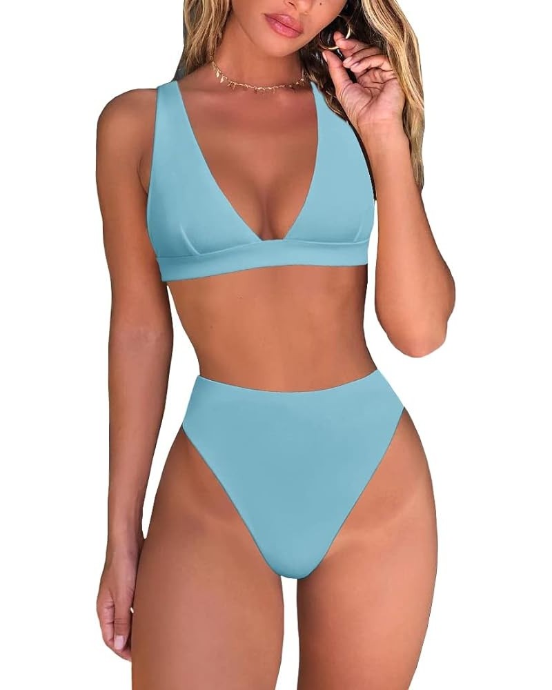 Womens High Waisted Thong Bikini Sets Sexy Brazilian Triangle Top Deep V Neck Two Piece Swimsuit Bathing Suits Light Blue $13...