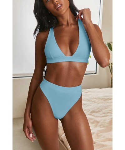 Womens High Waisted Thong Bikini Sets Sexy Brazilian Triangle Top Deep V Neck Two Piece Swimsuit Bathing Suits Light Blue $13...