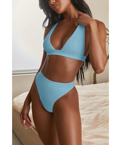 Womens High Waisted Thong Bikini Sets Sexy Brazilian Triangle Top Deep V Neck Two Piece Swimsuit Bathing Suits Light Blue $13...